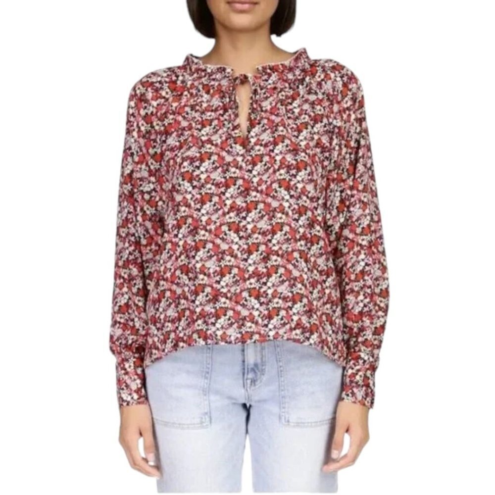 Sanctuary Red Floral Ruffle Tie Neck Blouse Long Sleeves